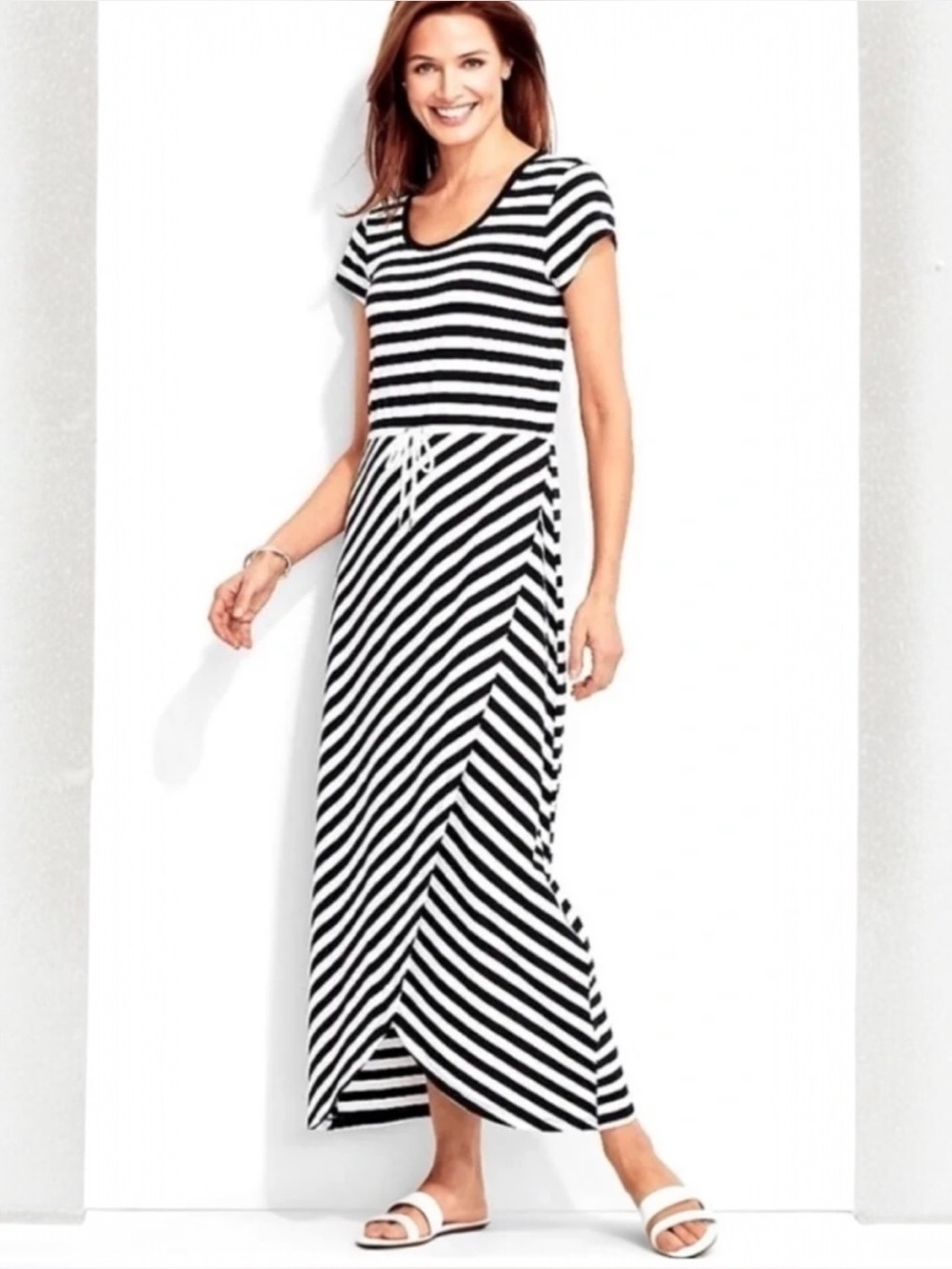 Talbots Striped Stretch Maxi Faux Wrap Dress Small Tie Waist Black White Coastal
